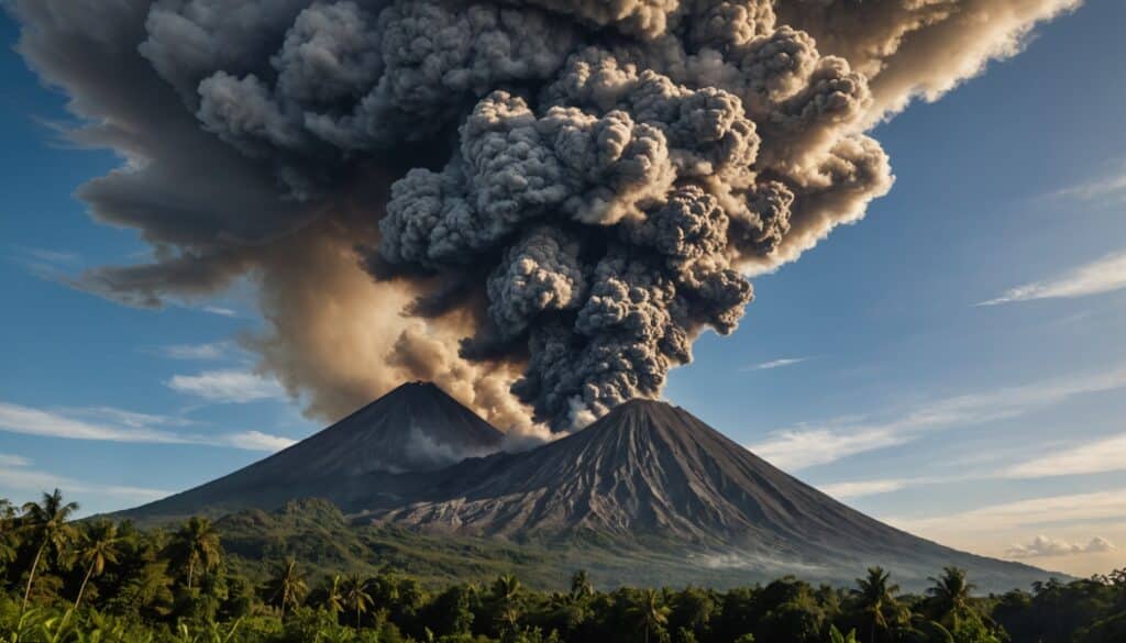 Volcan Merapi en éruption projetant des cendres