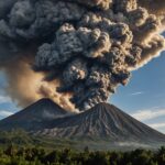 Volcan Merapi en éruption projetant des cendres