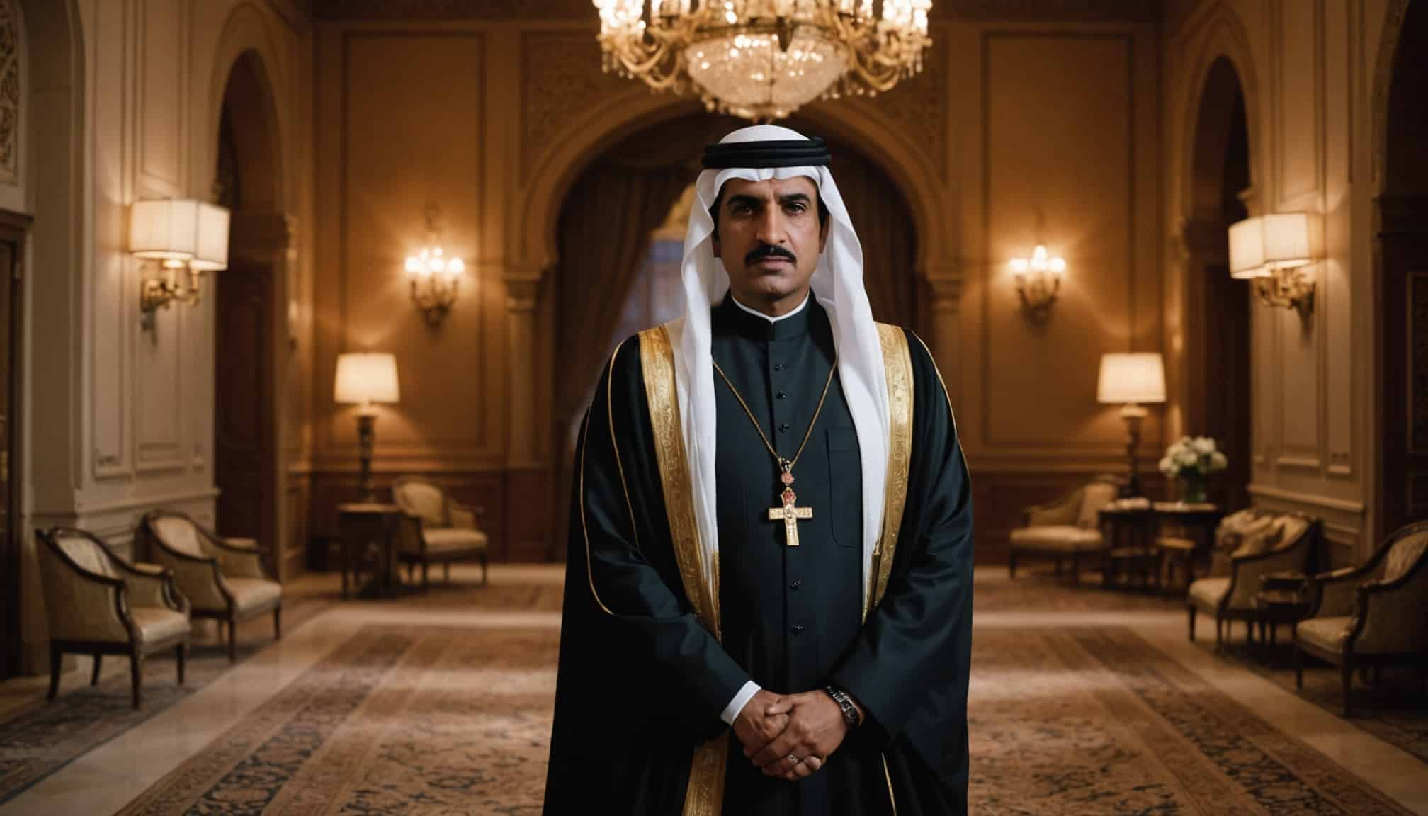 Portrait de l’émir Tamim ben Hamad en costume élégant