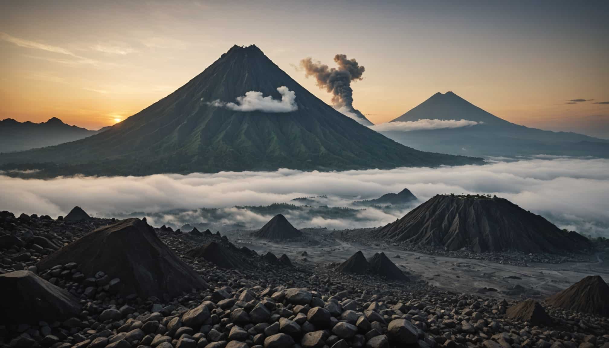 Volcan Merapi en éruption projetant des cendres  
Cendres s'élevant à 6000 mètres du volcan Merapi